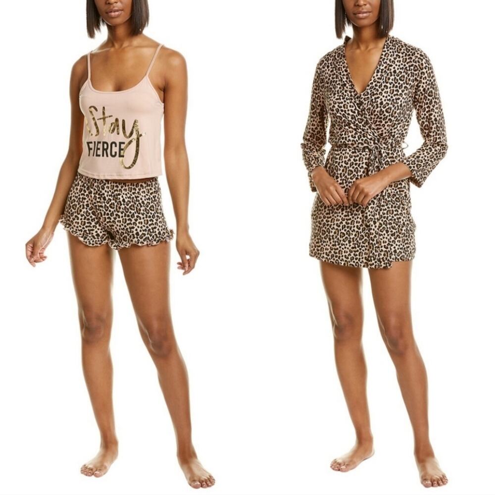 NWT French Affair 3 piece Leopard Print Robe Tank and Shorts Set size Large